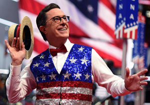 Stephen Colbert red white and blue flags