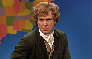 Taran Killam wearing blonde wig and 18th Century costume