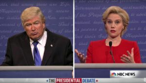 Alec Baldwin as Donald Trump and Kate McKinnon as Hilary Clinton