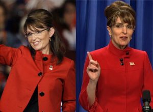 Tina Fey (Right) on Saturday Night Live and Sarah Palin (Left) at the Lubbock Memorial Civic Center