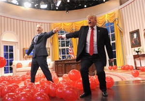 Anthony Atamanuik as Donald Trump and Peter Grosz as Mike Pence with balloons